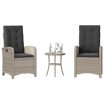 Conjunto bistro com almofadões vidaXL | 3 peças | vime PE cinzento claro - 1
