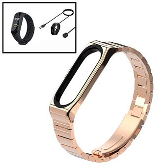 Kit Phonecare Bracelete Aço Stainless Lux + Ferramenta + Carregador USB Charger + Película Protectora Ecrã Gel Full Cover para Xiaomi Mi Band 6 / Mi Smart Band 6 - Ouro - 1