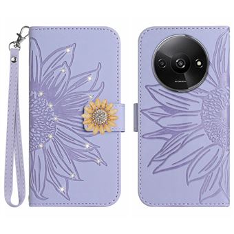 Capa FOXDOCK para Xiaomi Redmi A3 | Flip | Porta-Cartões Magnético | Alça Removível | Girassol em Relevo e Diamantes | Lilás - 1