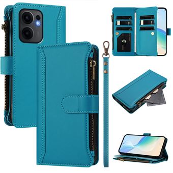 Capa FOXDOCK para OPPO Reno 13FS 5G | Pele Premium | 9 Compartimentos para Cartões | Alça de Pulso Amovível - Azul claro - 1
