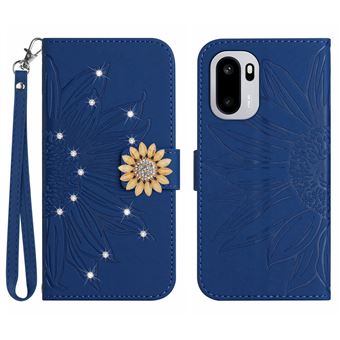 Capa FOXDOCK para OnePlus 15R | Flip | Porta-Cartões Magnético | Alça Removível | Girassol em Relevo e Diamantes | Azul - 1