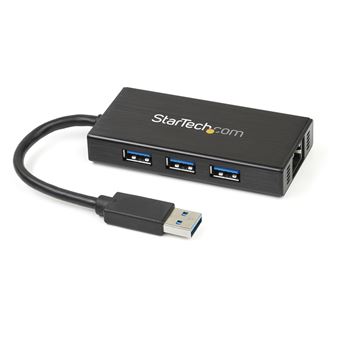 Cartão de Rede StarTech.com Concentrador USB 3.0 portátil de 3 portas mais Gigabit Ethernet - Alumínio com cabo integrado | Preto - 1