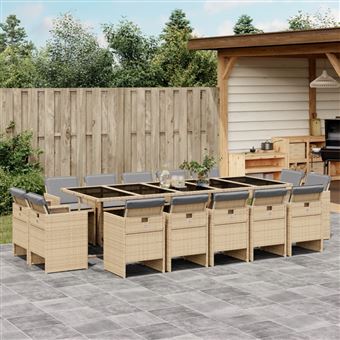 Conjunto de jantar para jardim vidaXL | 15 peças | com almofadões vime PE bege misturado - 1