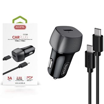 Pack Accetel Carregador Auto PD + Cabo Type-C PD CC296 para Oppo A17 3A | 18W | Rápida Velocidade de carregamento 2.5X | Multi-Voltagem Automática  - Preto - 1