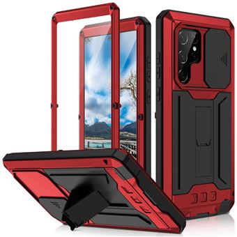 Capa magunivers e TPU R-JUST anti poeira com suporte de chute e slide da câmara vermelho para Samsung Galaxy S22 Ultra 5G - 1