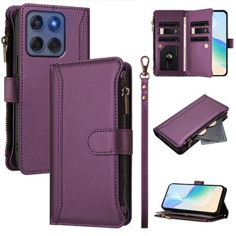 Capa FOXDOCK para Motorola Edge 60 Fusion | Pele Premium | 9 Compartimentos para Cartões | Alça de Pulso Amovível - Roxo - 1