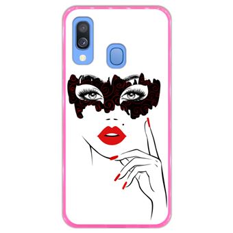 Capa Hapdey para Samsung Galaxy A40 2019 Design Mulher com Máscara e Lábios Vermelhos em Silicone Flexível e TPU Cor-de-Rosa