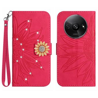 Capa FOXDOCK para Xiaomi Redmi A3 | Flip | Porta-Cartões Magnético | Alça Removível | Girassol em Relevo e Diamantes | Rosa-avermelhado - 1