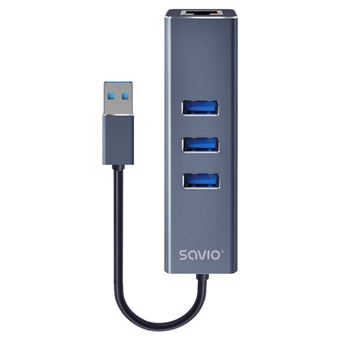Hub de Interface Savio AK-57 USB-A - 3 x USB-A HUB with RJ-45 Gigabit Ethernet adapter 5000 Mbit/s grey | Preto - 1