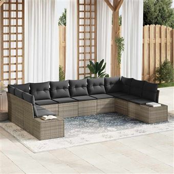 Conjunto de Sofá de Jardim com Almofada vidaXL | 10 Peças | Cinzento vime PE - 1