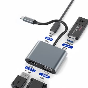 Hub USB-C 4 em 1 V-REEL com HDMI, VGA, USB 3.0, PD 100W - Para Projetor/Monitor | QT30 - 1