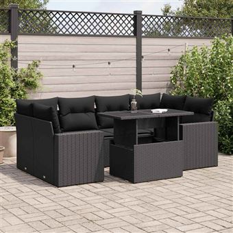 Conjunto de Sofás para Jardim com Almofadões vidaXL | 7 Peças | vime PE preto - 1