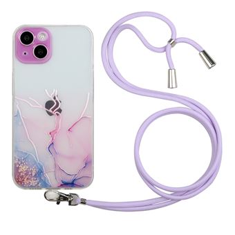 Capa e TPU padrão de mármore em relevo, flexível com Cordão ajustável Rosa longo para iPhone 13 6.1'' - 1
