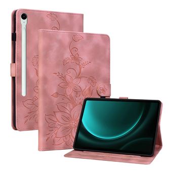 Capa FLOODKING para Samsung Galaxy Tab S9 FE | Couro PU Premium | Design em Relevo de Lírio | Suporte Dobrável | Porta-Caneta | Rosa - 1