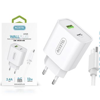 Kit Accetel Carregador Dupla Entrada USB + Type-C com Cabo Micro-USB AC525 para Redmi A1 | Rápido Carregamento 2.4A | 12W -  Branco - 1