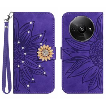 Capa FOXDOCK para Xiaomi Redmi A3 | Flip | Porta-Cartões Magnético | Alça Removível | Girassol em Relevo e Diamantes | Roxo-escuro - 1