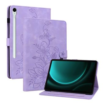 Capa FLOODKING para Samsung Galaxy Tab S9 FE | Couro PU Premium | Design em Relevo de Lírio | Suporte Dobrável | Porta-Caneta | Roxo - 1