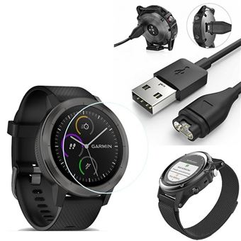 Kit Phonecare Pulseira Bracelete Milanese Loop Fecho Magnético + Carregador Usb Charger + Película Protectora Ecrã Vidro para Garmin VivoActive 3 - Preto - 1