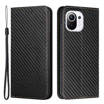Capa magunivers PU auto-absorvente magnético, textura de fibra de carbono com suporte e alça preto para Xiaomi Mi 11 Lite 4G/5G/11 Lite 5G NE - 1