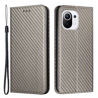 Capa magunivers PU auto-absorvente magnético, textura de fibra de carbono com suporte e alça cinza para Xiaomi Mi 11 Lite 4G/5G/11 Lite 5G NE - 1