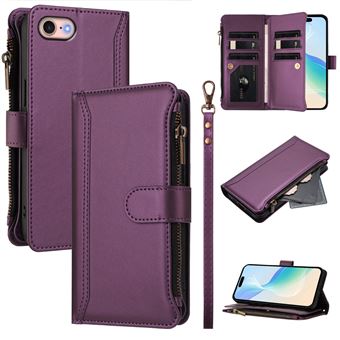 Capa FOXDOCK para iPhone SE 2020/SE 2022 | Pele Premium | 9 Compartimentos para Cartões | Alça de Pulso Amovível - Roxo - 1