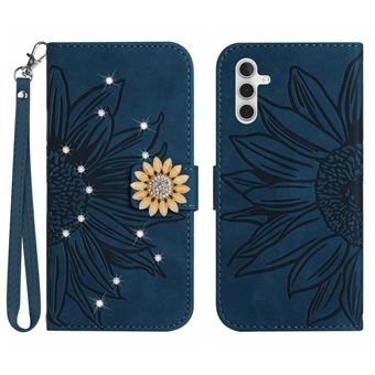 Capa FOXDOCK para Samsung Galaxy S25 Plus | Flip | Porta-Cartões Magnético | Alça Removível | Girassol em Relevo e Diamantes | Azul-escuro - 1