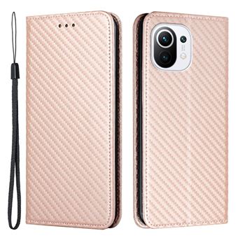 Capa magunivers PU auto-absorvente magnético, textura de fibra de carbono com suporte e alça ouro rosa para Xiaomi Mi 11 Lite 4G/5G/11 Lite 5G NE - 1