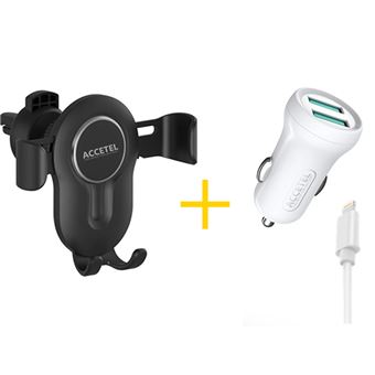Pack Auto | Suporte Accetel SP118 + Cabo Lightning + Carregador para Apple iPhone 13 Mini Accetel CC263 2X USB 2.4A Preto + Branco - 1