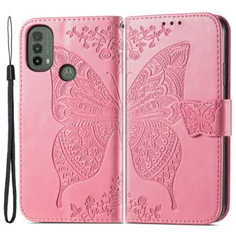Capa magunivers PU padrão de borboleta e flor, anti-riscos, à prova de choque com suporte e alça rosa para Motorola Moto E30/E40 - 1