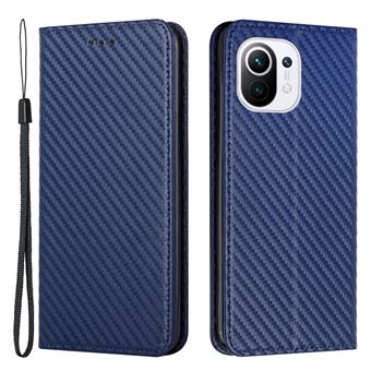 Capa magunivers PU auto-absorvente magnético, textura de fibra de carbono com suporte e alça azul para Xiaomi Mi 11 Lite 4G/5G/11 Lite 5G NE - 1