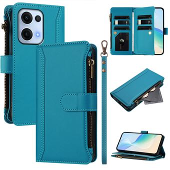 Capa FOXDOCK para OPPO Reno 13 5G | Pele Premium | 9 Compartimentos para Cartões | Alça de Pulso Amovível - Azul claro - 1