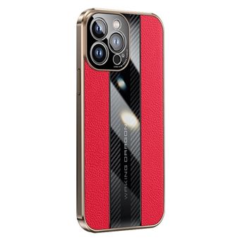 Capa e TPU + couro genuíno textura de fibra de carbono, galvanizada Magunivers para iPhone 14 Pro Max - vermelho - 1