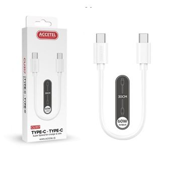 Cabo 30cm Accetel CU317 para Oppo A80 | 60W PD - Type-C Branco - 1