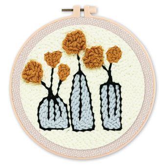 Kit Punch Needle Figured'Art com Moldura Circular | 20cm | Flores Em Vasos - 1