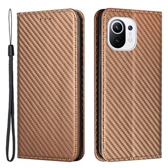 Capa magunivers PU auto-absorvente magnético, textura de fibra de carbono com suporte e alça marrom para Xiaomi Mi 11 Lite 4G/5G/11 Lite 5G NE - 1