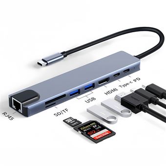Hub USB-C 8 em 1 V-REEL com Ethernet, SD/TF, USB, HDMI, PD - Conexão Estável | QT19 - 1