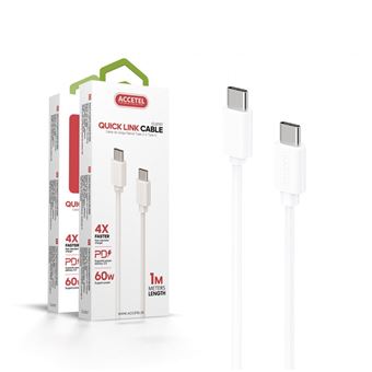 Cabo PD Type-C Accetel CU-2107 para Xiaomi 12T Pro | 4 x Velocidade de Carregamento | 1 m | 3A | 60 W | Power Delivery 3.0  - Branco - 1