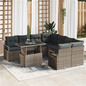 Conjunto de Sofá de Jardim vidaXL | 9 Peças | Cinzento Rattan Sintético - 1