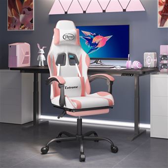 Cadeira gaming vidaXL com apoio para pés couro artificial branco e rosa - 1