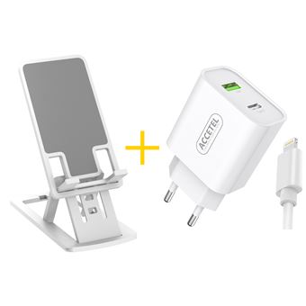 Pack Office Suporte Accetel NE5150 + Cabo Lightning + Carregador para Apple iPhone XR Accetel AC523 1 X USB + 1 X Type-C | 12W | 2.4A - Branco - 1