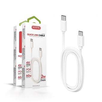 Cabo PD Type-C Accetel CU-2207 para Xiaomi 12T Pro | 4 x Velocidade de Carregamento | 2 m | 3A | 60 W | Power Delivery 3.0  - Branco - 1