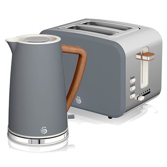 Conjunto SWAN STP2090 Nórdico de Pequeno Almoço | Chaleira sem Fios | 1,7 L | 2200 W | Torradeira Pan Wide Slice 2 Fatias | 3 Funções | Design Moderno | Efeito Madeira - Cinza - 1