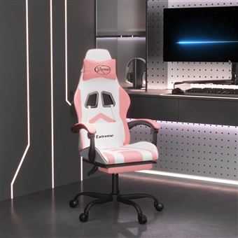 Cadeira gaming vidaXL com apoio para pés couro artificial branco e rosa - 1