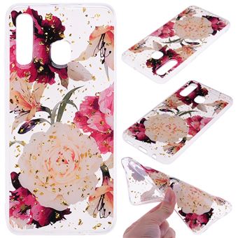 Capa TPU padrão impresso incrustado com glitter flores bonitas para Samsung Galaxy A50