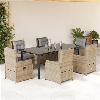 Conjunto de jantar para jardim vidaXL | 7 peças | com almofadões vime PE bege - 1