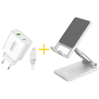 Pack Office | Suporte Accetel SP127W + Cabo Lightning + Carregador para Apple iPhone 13 Mini Accetel AC523 1 X USB + 1 X Type-C | 12W | 2.4A Branco - 1