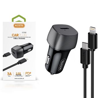 Pack Accetel Carregador Auto PD + Cabo Lightning PD CC292 para Apple iPhone 14 Pro | 3A | 18W | Rápida Velocidade de Carregamento 2.5X | Multi-Voltagem Automática - Preto - 1