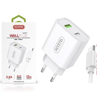 Kit Accetel Carregador Dupla Entrada USB + Type-C com Cabo Type-C AC527 para Apple iPhone 16 Plus Rápido Carregamento 2.4A 12W | Branco - 1