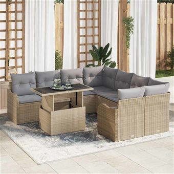 Conjunto de Sofá de Jardim vidaXL | 9 Peças | Bege Rattan de Polipropileno - 1