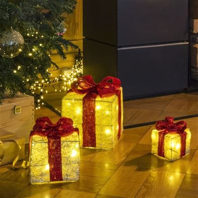 Caixa Presente de Natal HI com Fitas Vermelhas e Luzes LED | 3 Peças -  Enfeites de Natal - Compra na 
